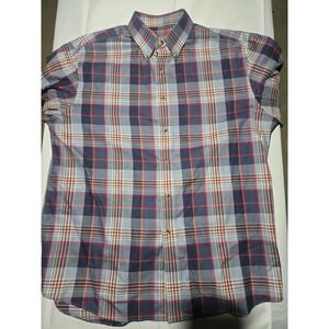 Jos. A. Bank Mens Traveler's Collection Plaid Tailored Fit Shirt L Blue Red Gray